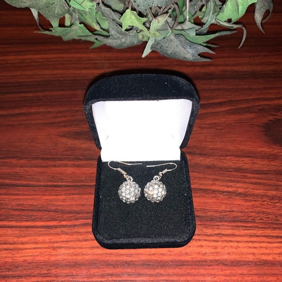 Small Silver Ball Dangles With Diamond Rhinestone Accents, Hooks - Picture 2 of 2